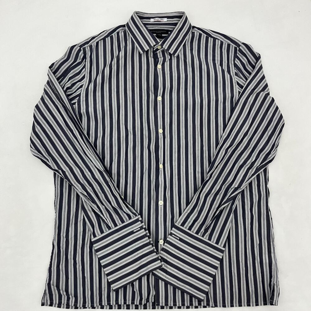 Banana Republic Mens XL(17-17.5) Slim Fit Dress Shirt‎ Navy Gray Striped Cotton